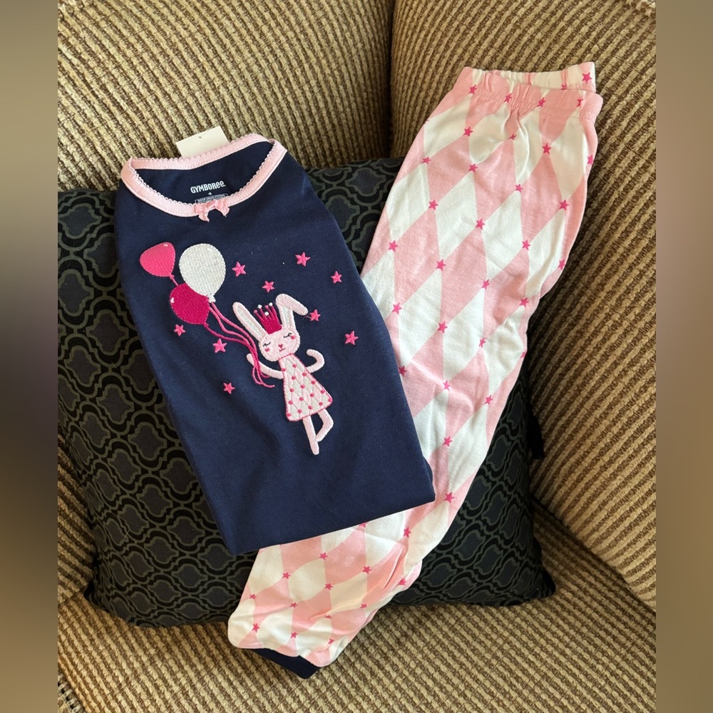 Gymboree Gymmies Girls Navy and Pink Bunny Balloon Pajama Set